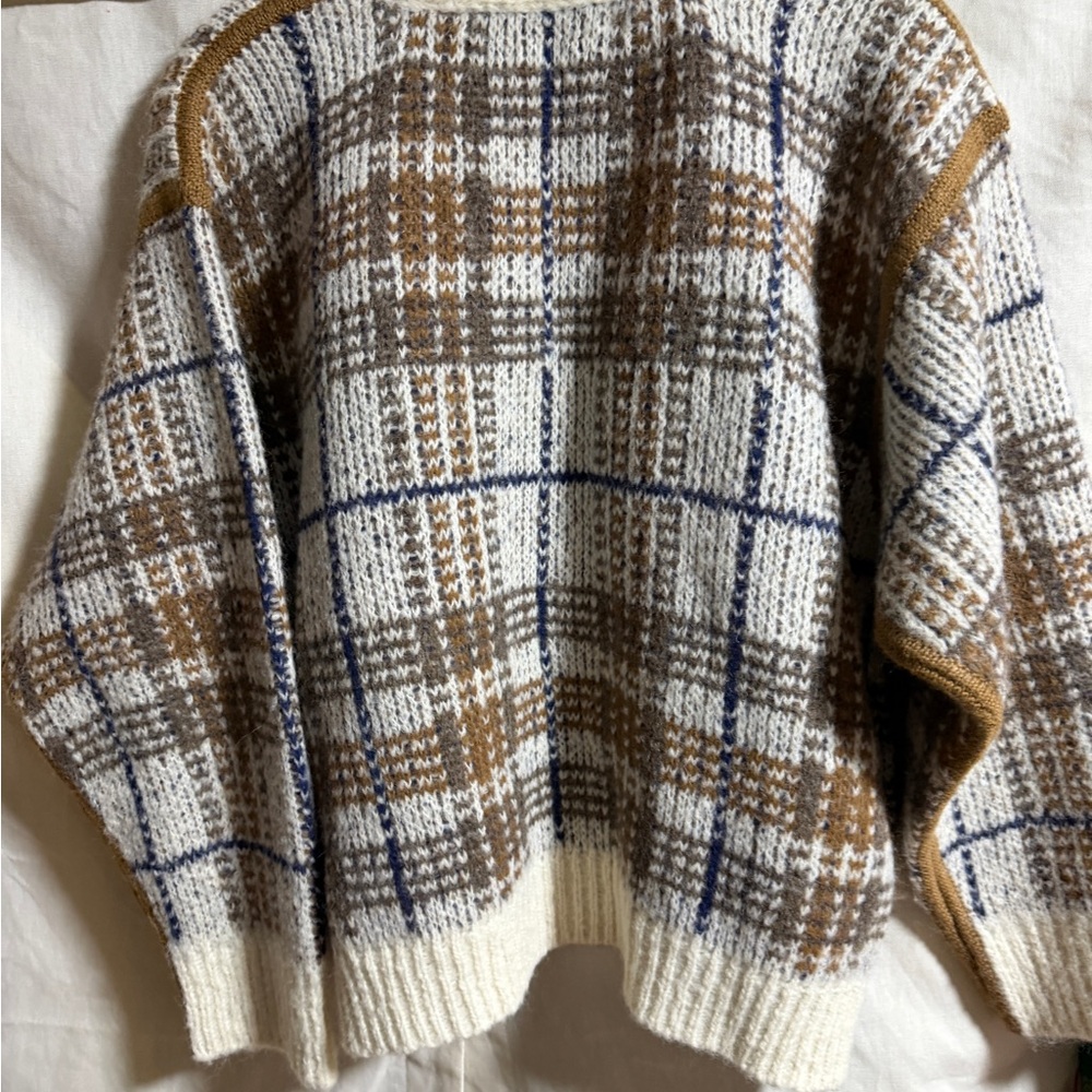 THE GREAT. Plaid Cardigan in Cream and Brown - Picture 2 of 5